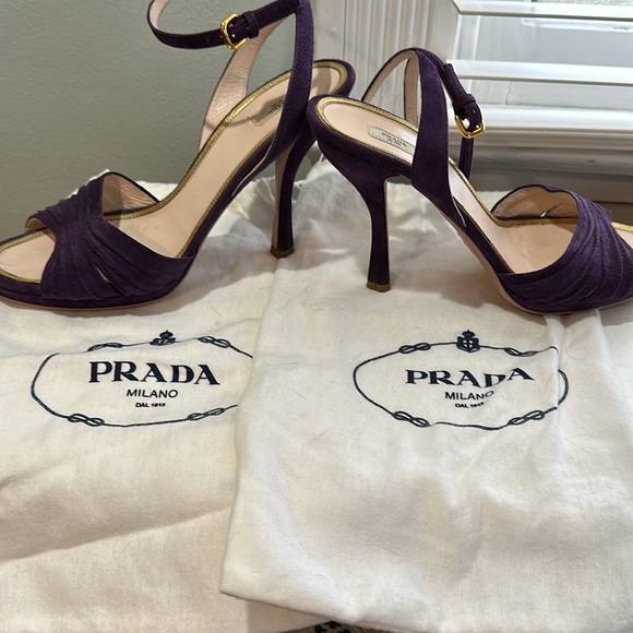 Prada Dark Purple Suede Ankle Strap Sandals with Gold Trim - Picture 6 of 6